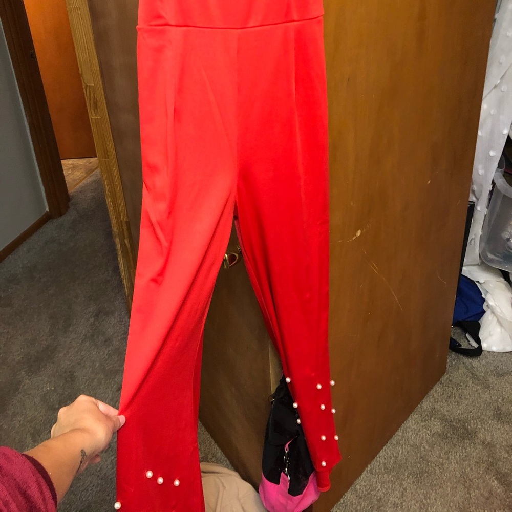 NEVER WORN red wide leg jumpsuit with pearls